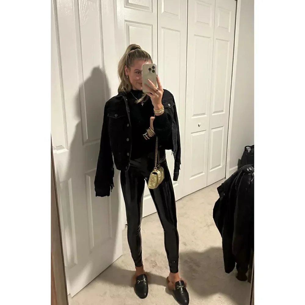 COMMANDO Control Top Faux Patent Leather Leggings in Black Size Small